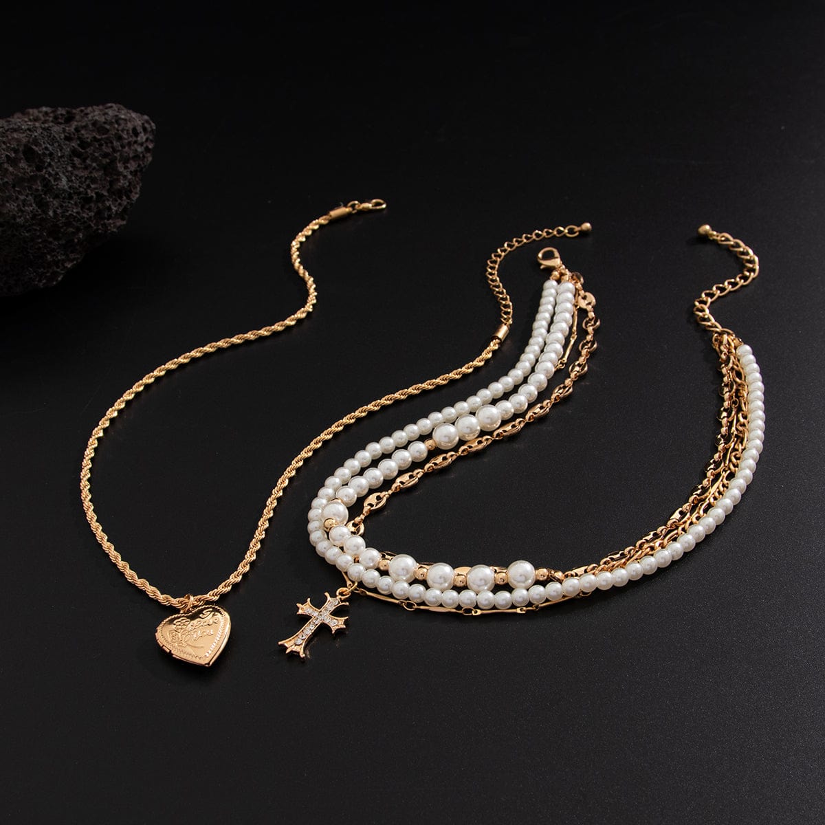 Chic Layered Crystal Inlaid Cross Heart Pendant Pearl Chain Necklace Set