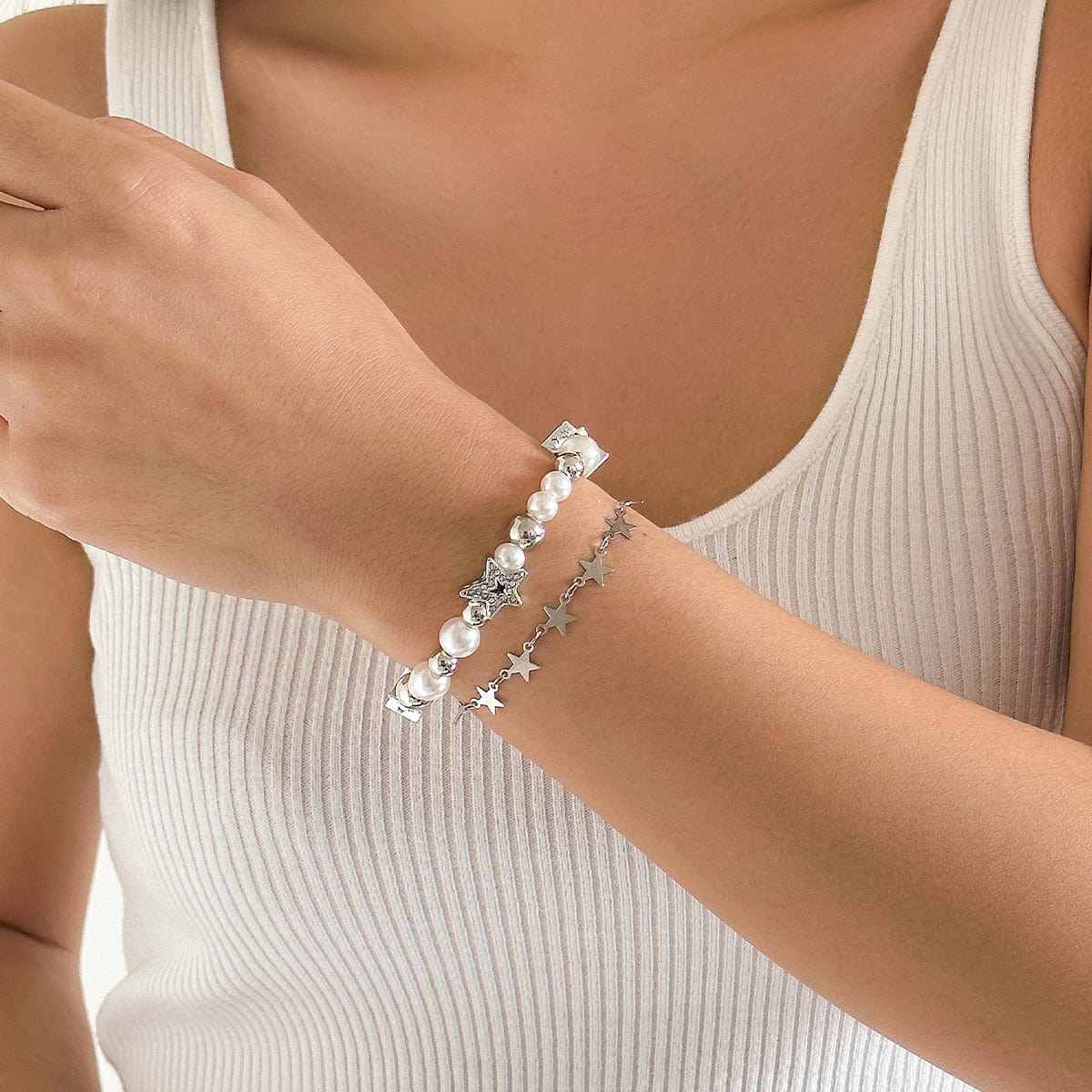 Chic Layered Crystal Inlaid Star Pearl Chain Bracelet - ArtGalleryZen
