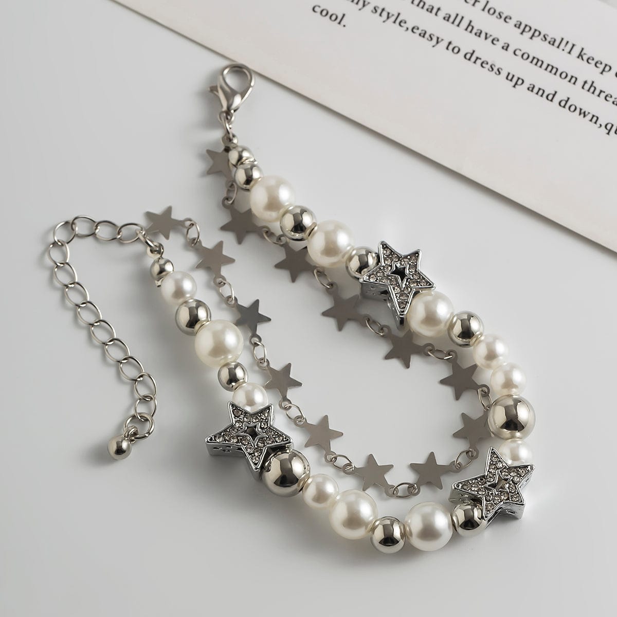 Chic Layered Crystal Inlaid Star Pearl Chain Bracelet - ArtGalleryZen