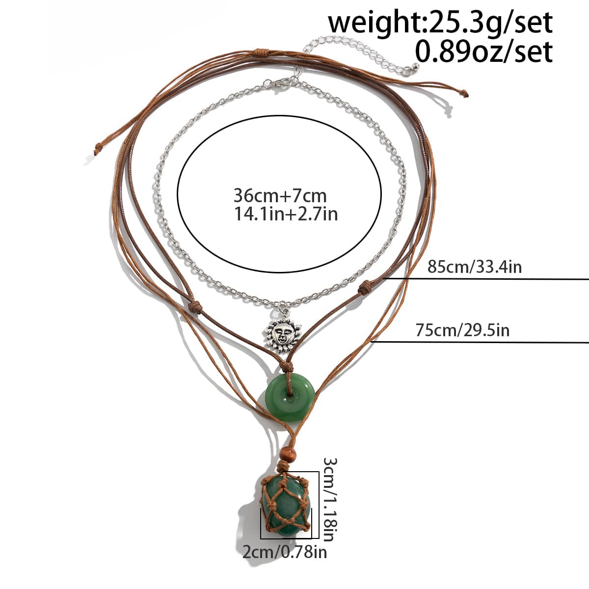 Chic Layered Crystal Sun Pendant Wax Cord String Necklace Set - ArtGalleryZen