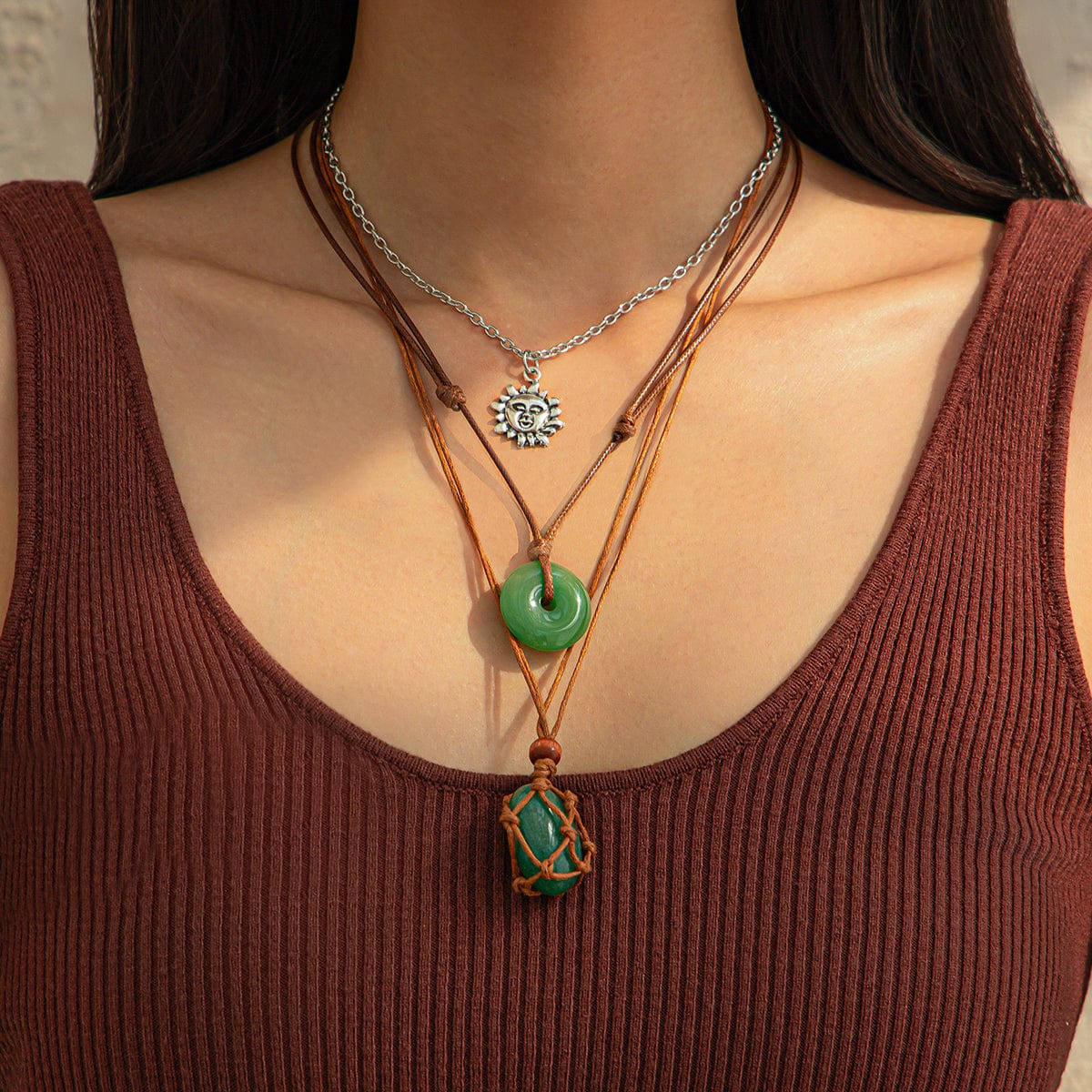 Chic Layered Crystal Sun Pendant Wax Cord String Necklace Set - ArtGalleryZen