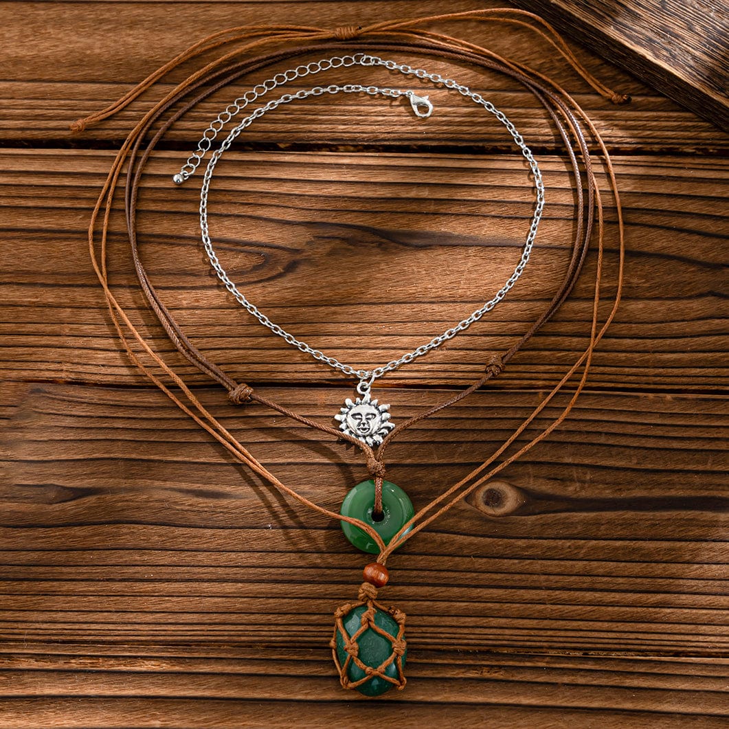 Chic Layered Crystal Sun Pendant Wax Cord String Necklace Set - ArtGalleryZen