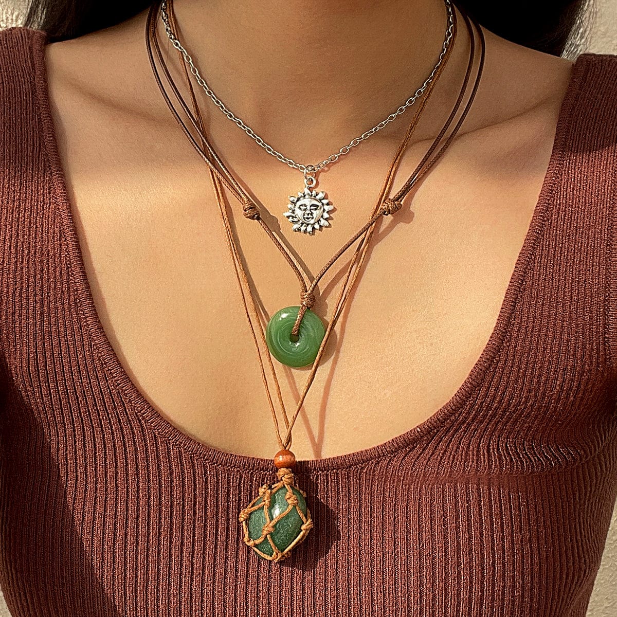 Chic Layered Crystal Sun Pendant Wax Cord String Necklace Set - ArtGalleryZen