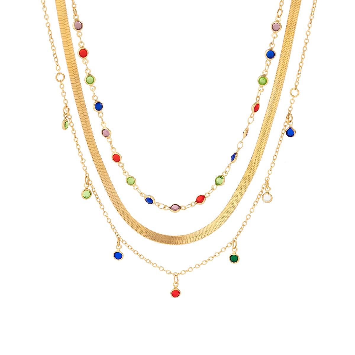 Chic Layered Crystal Tassel Herringbone Chain Necklace Set - ArtGalleryZen