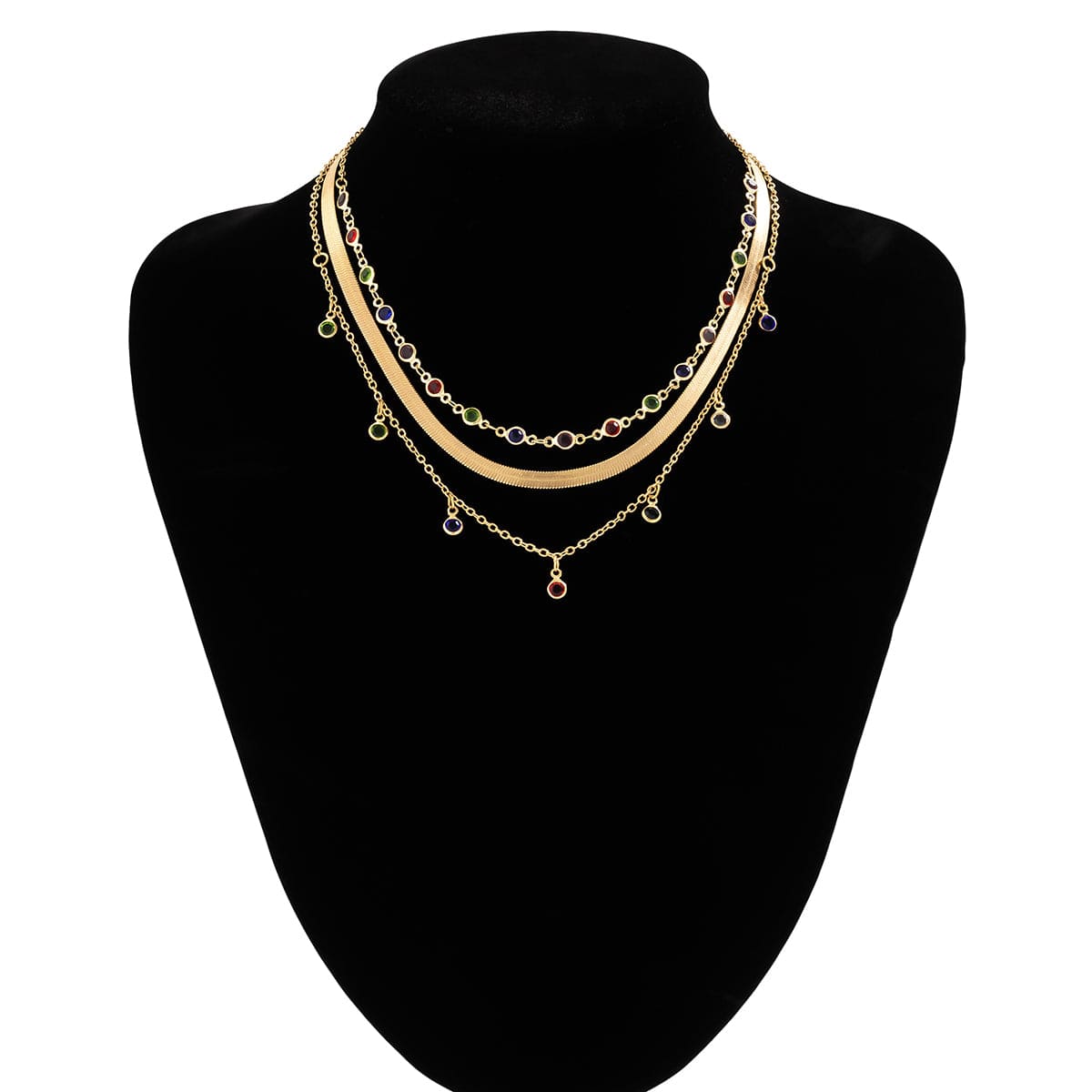 Chic Layered Crystal Tassel Herringbone Chain Necklace Set - ArtGalleryZen