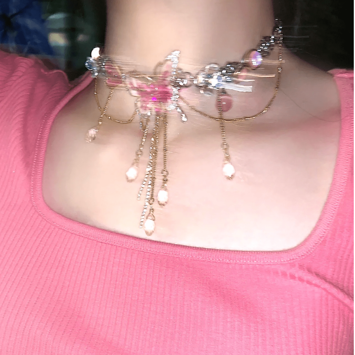 Chic Layered CZ Inliad Enamel Butterfly Crystal Tassel Choker Necklace - ArtGalleryZen