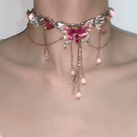 Thumbnail for Chic Layered CZ Inliad Enamel Butterfly Crystal Tassel Choker Necklace - ArtGalleryZen