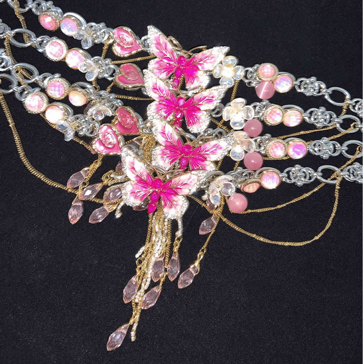 Chic Layered CZ Inliad Enamel Butterfly Crystal Tassel Choker Necklace - ArtGalleryZen