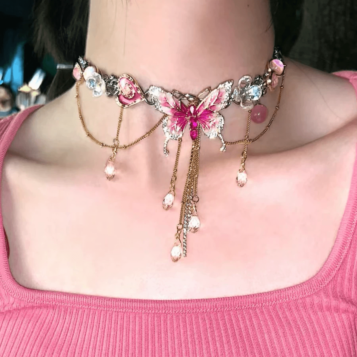 Chic Layered CZ Inliad Enamel Butterfly Crystal Tassel Choker Necklace