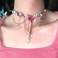 Thumbnail for Chic Layered CZ Inliad Enamel Butterfly Crystal Tassel Choker Necklace