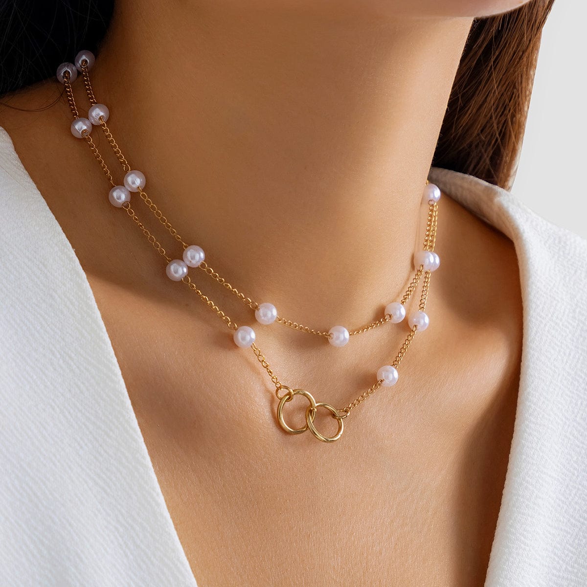 Chic Layered Double Ring Pearl Chain Necklace - ArtGalleryZen