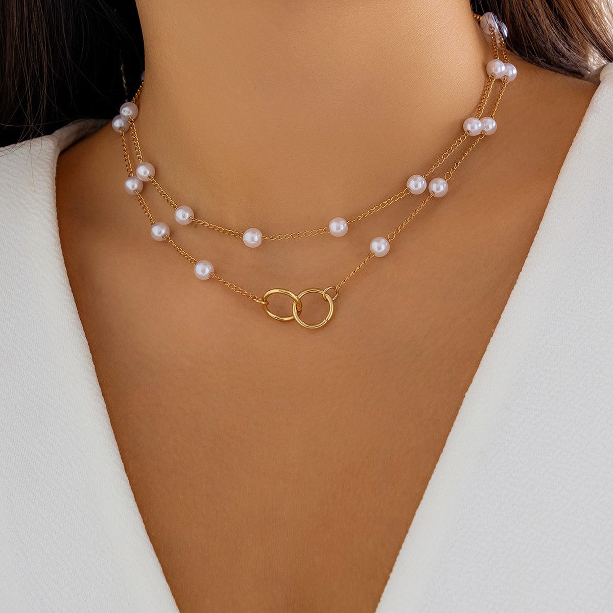 Chic Layered Double Ring Pearl Chain Necklace - ArtGalleryZen