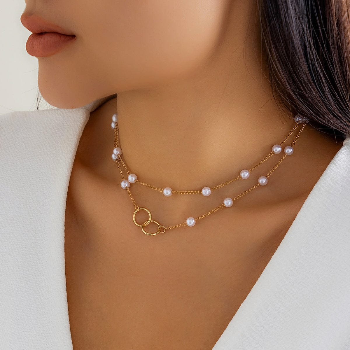 Chic Layered Double Ring Pearl Chain Necklace - ArtGalleryZen