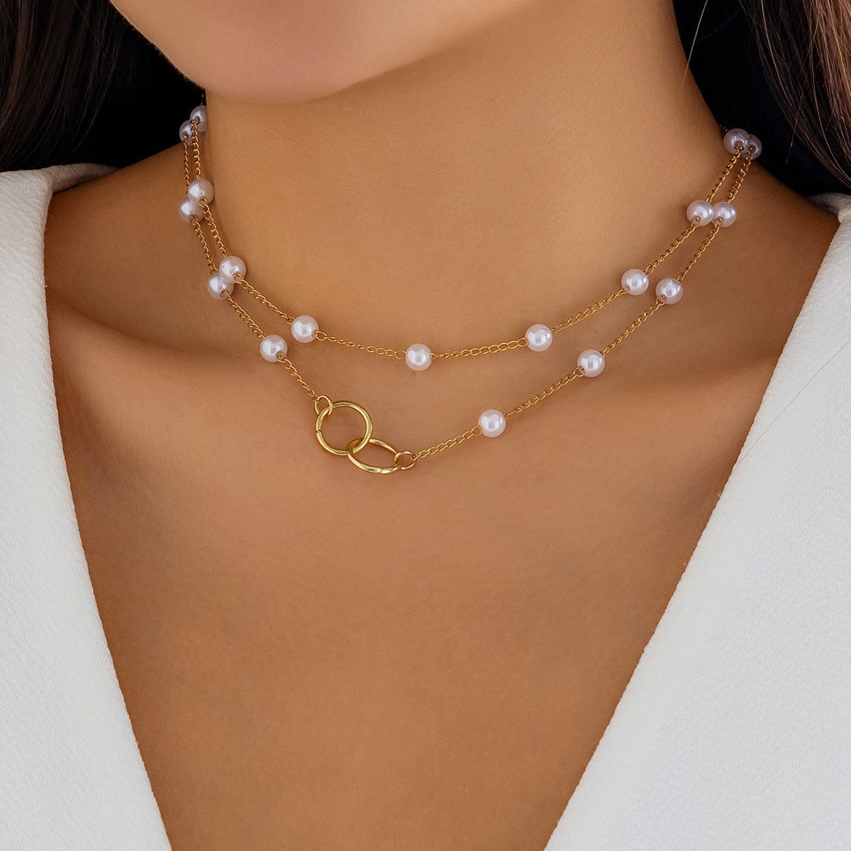 Chic Layered Double Ring Pearl Chain Necklace - ArtGalleryZen