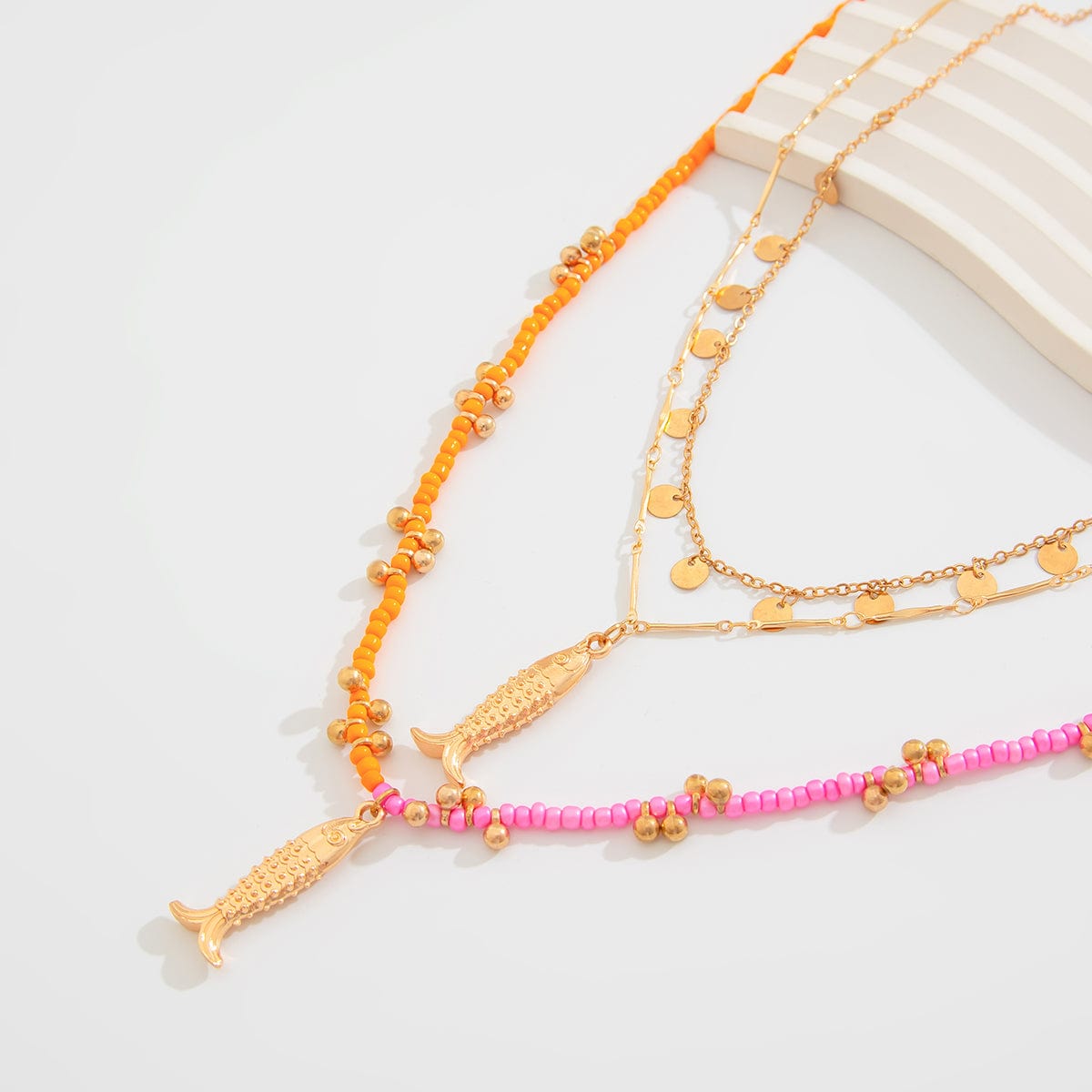 Chic Layered Fish Pendant Sequin Tassel Seed Beaded Necklace Set - ArtGalleryZen
