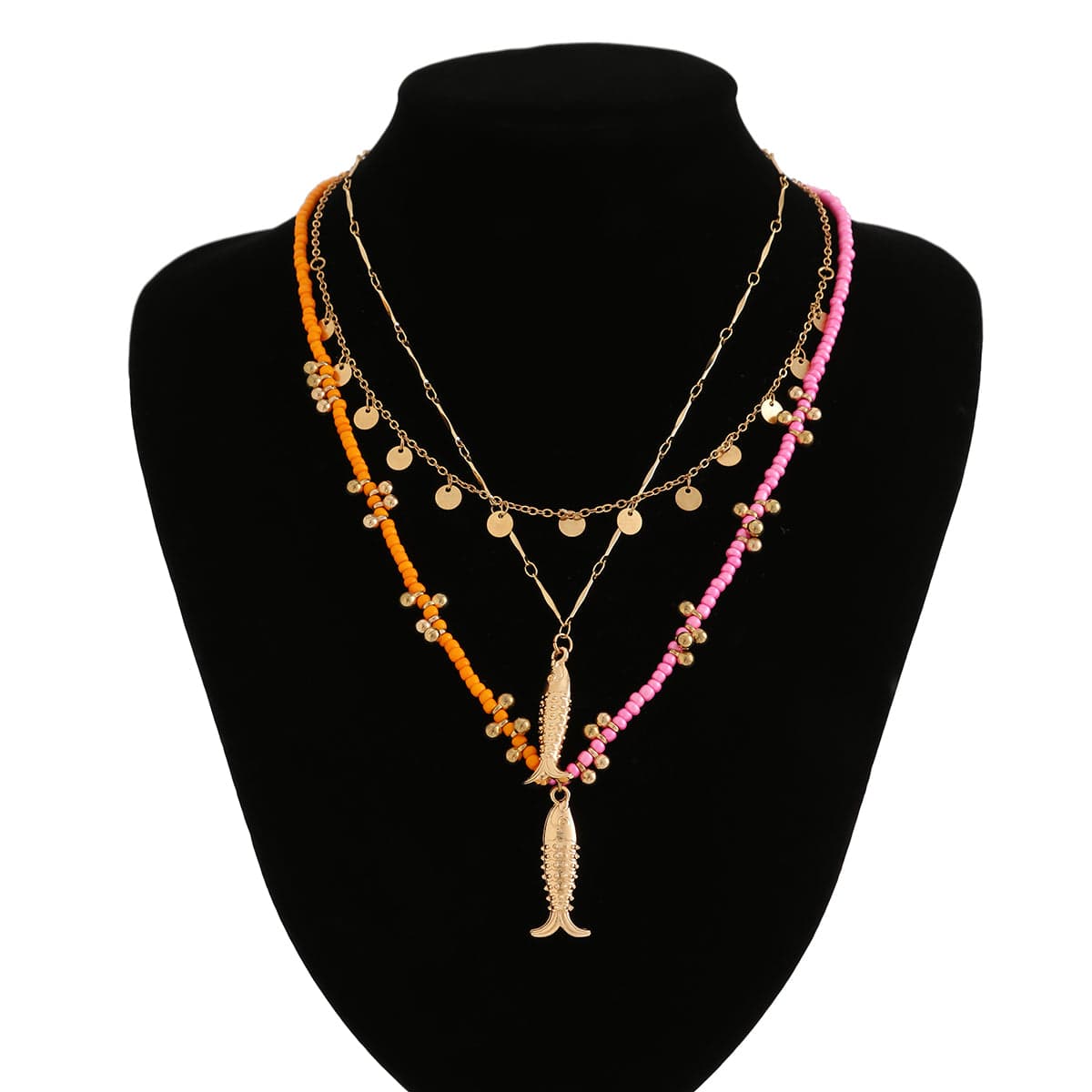 Chic Layered Fish Pendant Sequin Tassel Seed Beaded Necklace Set - ArtGalleryZen