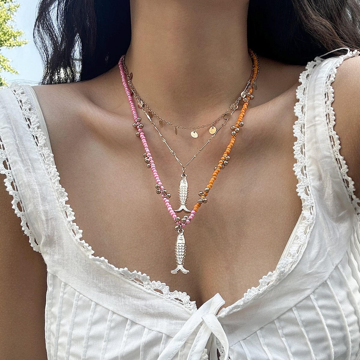 Chic Layered Fish Pendant Sequin Tassel Seed Beaded Necklace Set - ArtGalleryZen