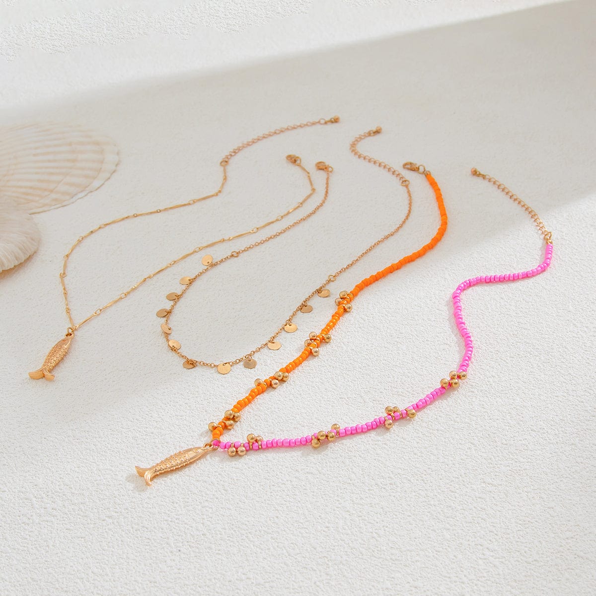 Chic Layered Fish Pendant Sequin Tassel Seed Beaded Necklace Set - ArtGalleryZen