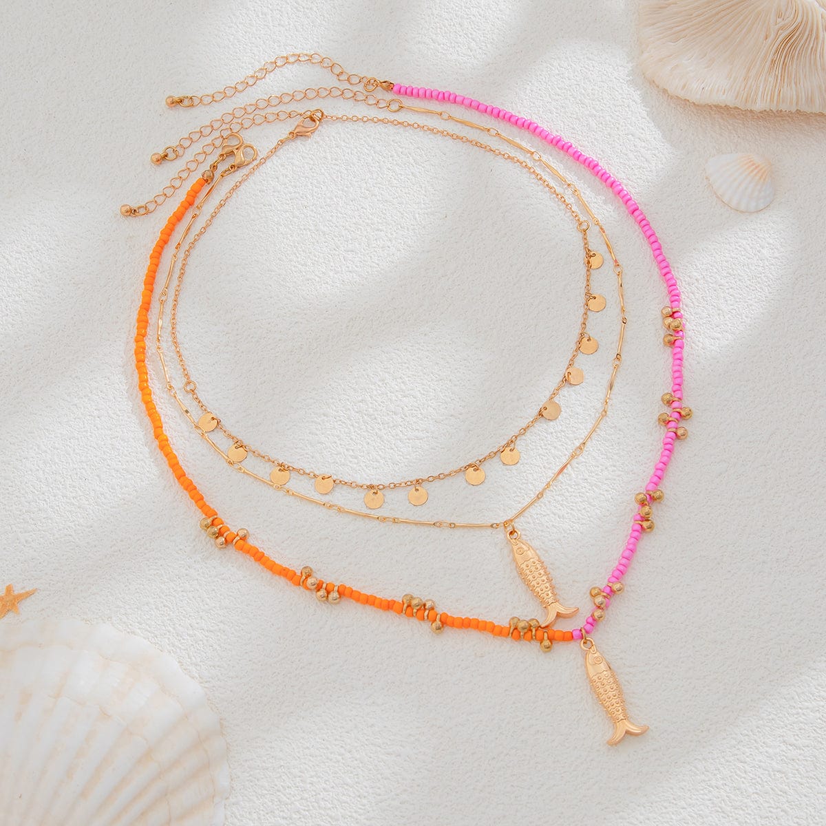 Chic Layered Fish Pendant Sequin Tassel Seed Beaded Necklace Set - ArtGalleryZen
