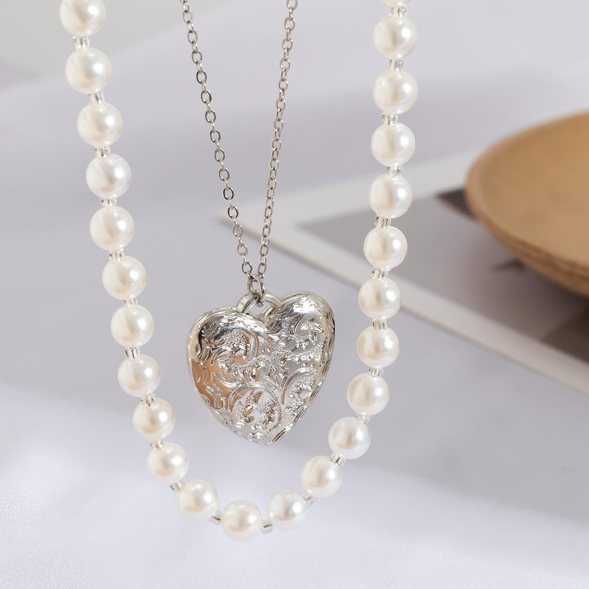 Chic Layered Floral Heart Pendant Pearl Chain Necklace Set - ArtGalleryZen