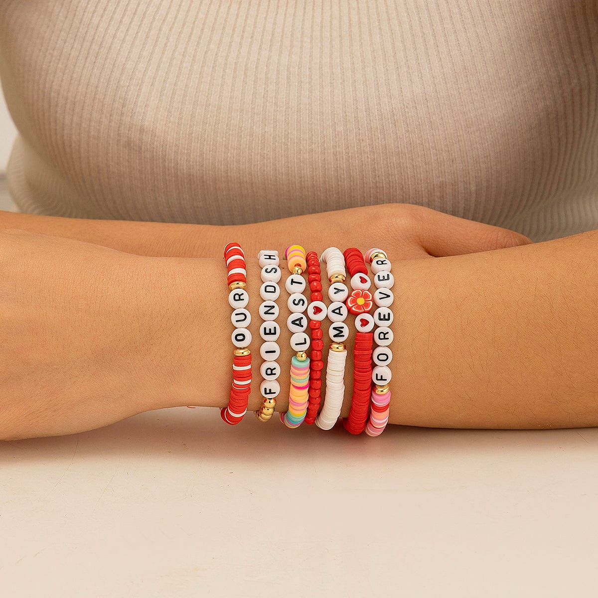 Chic Layered Flower Letter Polymer Clay Beaded Friendship Bracelet Set - ArtGalleryZen
