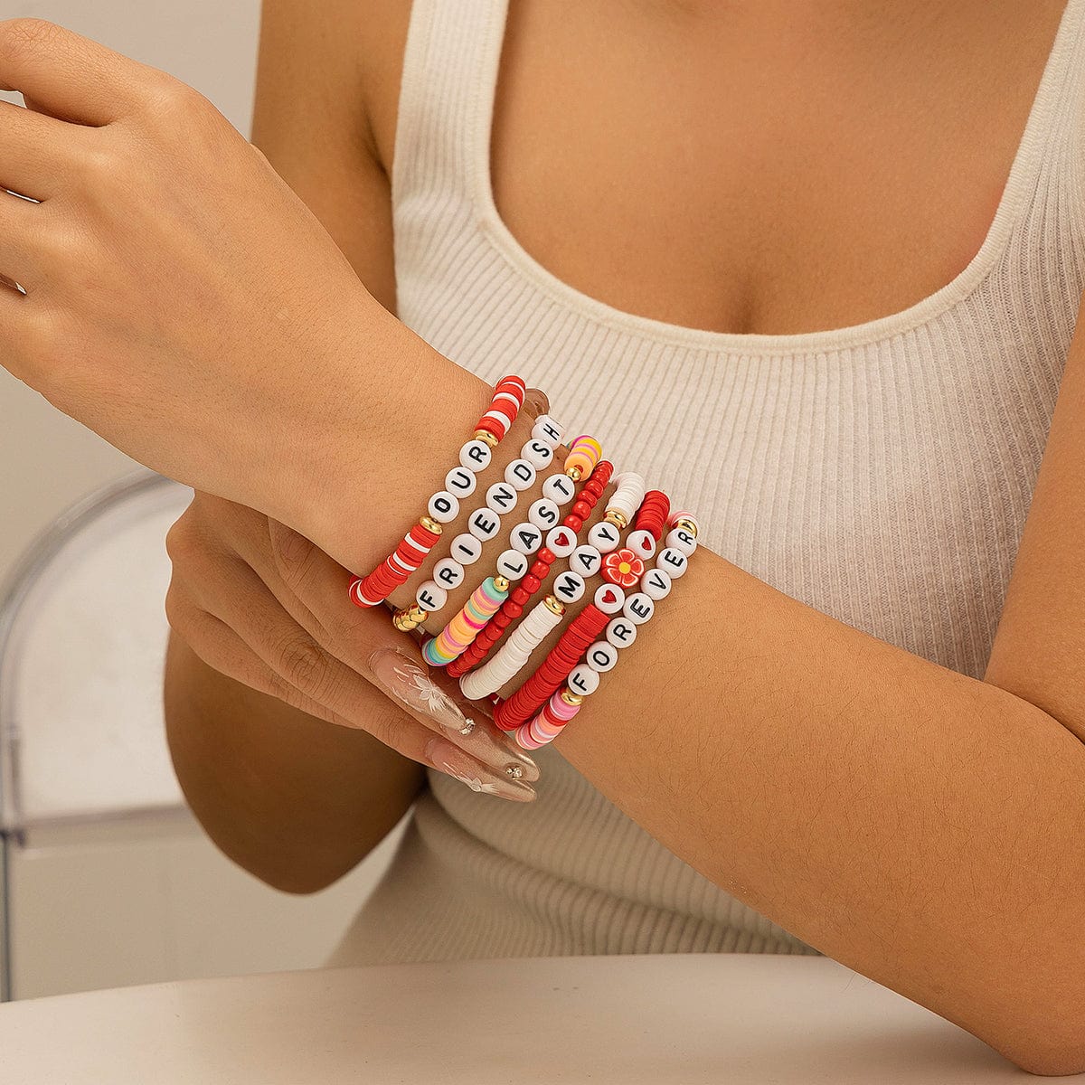 Chic Layered Flower Letter Polymer Clay Beaded Friendship Bracelet Set - ArtGalleryZen
