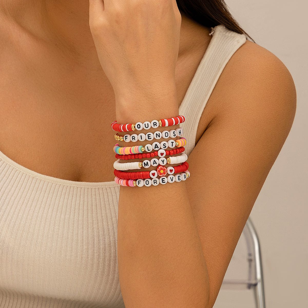 Chic Layered Flower Letter Polymer Clay Beaded Friendship Bracelet Set - ArtGalleryZen