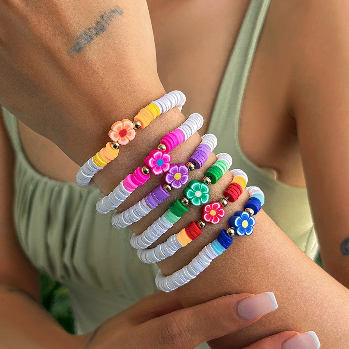 Chic Layered Flower Polymer Clay Beaded Friendship Bracelet Set - ArtGalleryZen