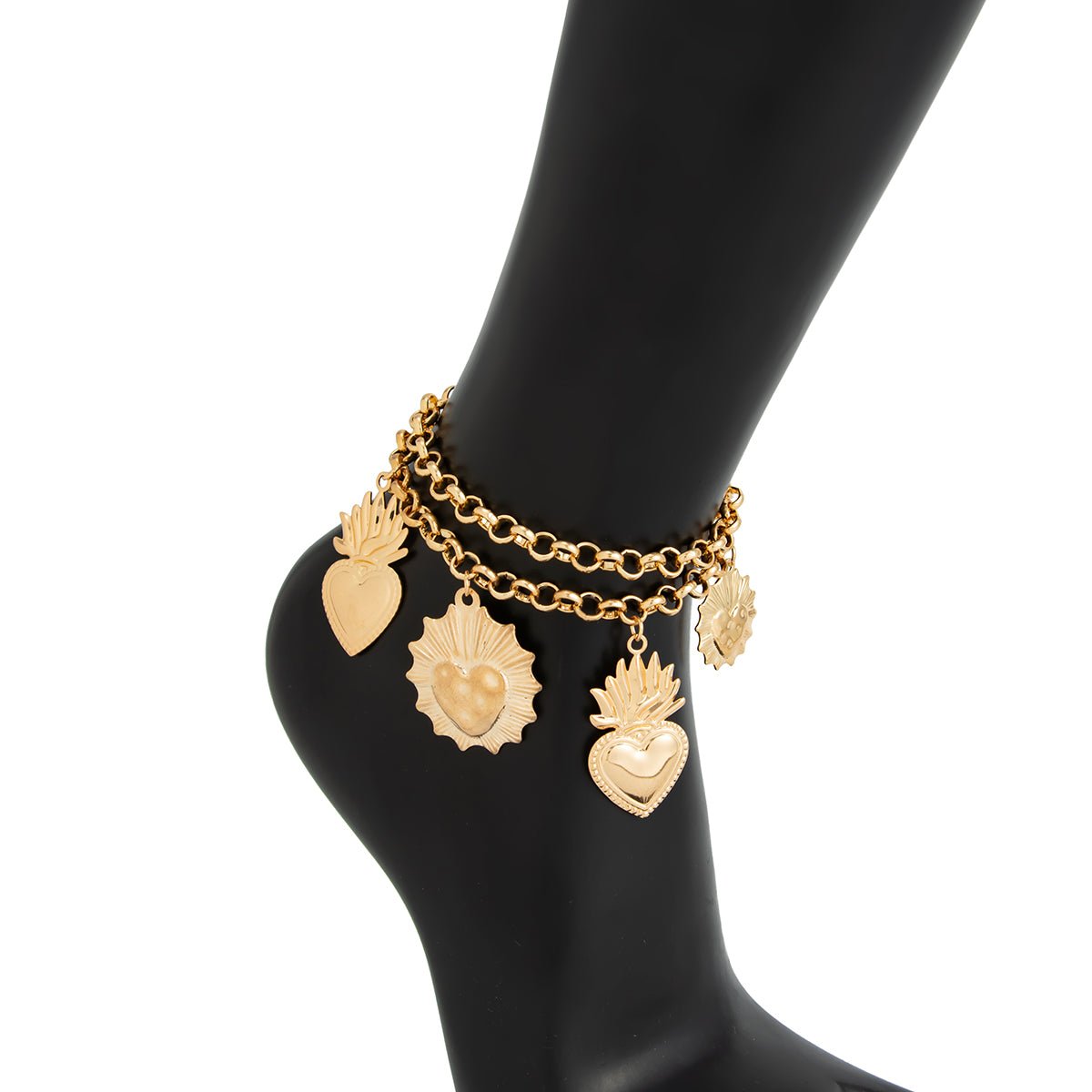 Chic Layered Gold Silver Tone Flame Heart Anklet - ArtGalleryZen