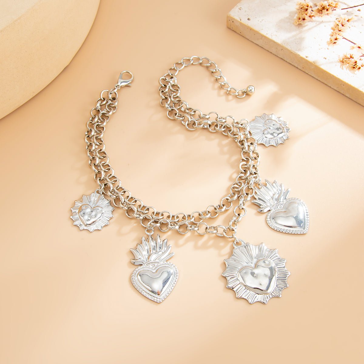 Chic Layered Gold Silver Tone Flame Heart Anklet - ArtGalleryZen