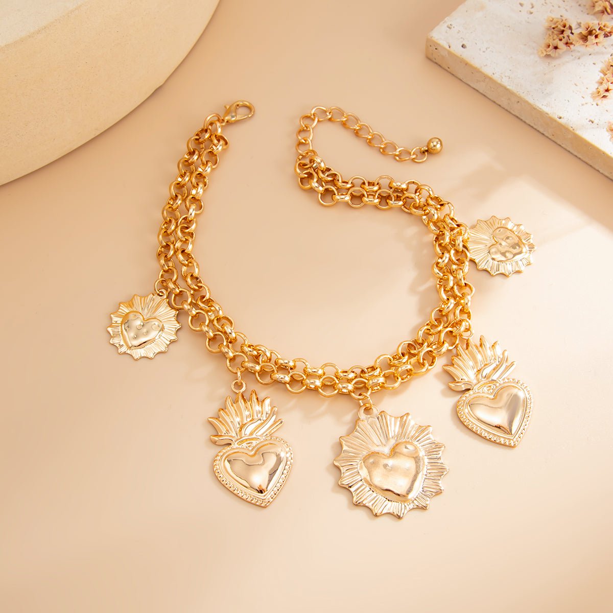 Chic Layered Gold Silver Tone Flame Heart Anklet - ArtGalleryZen