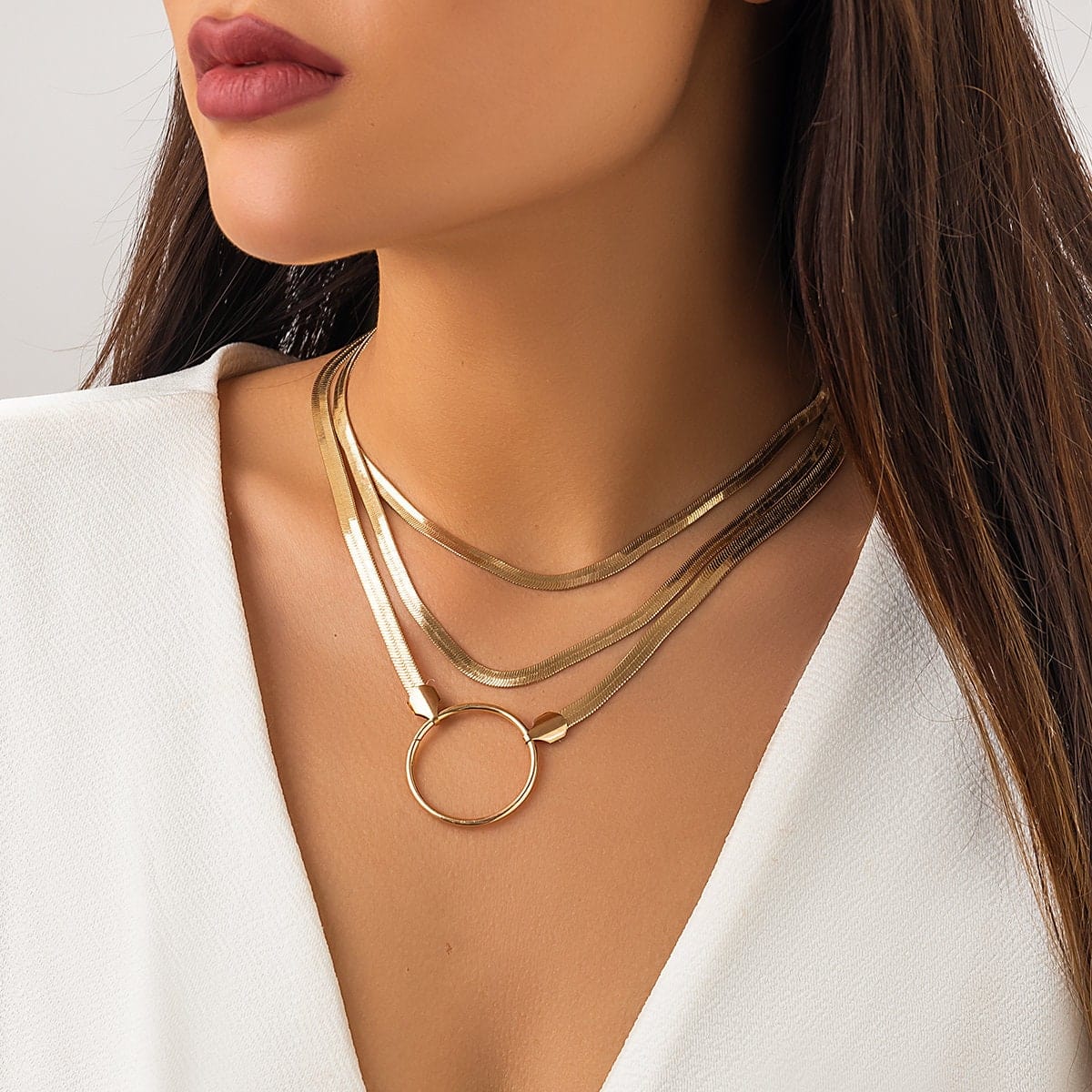 Chic Layered Halo Pendant Herringbone Chain Necklace Set - ArtGalleryZen