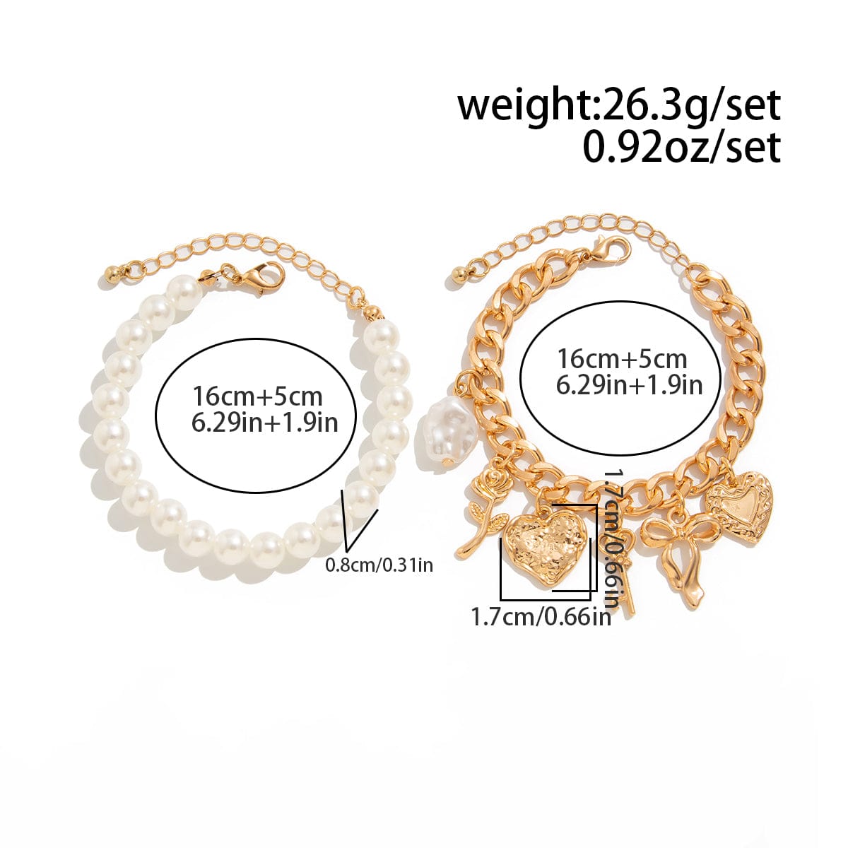 Chic Layered Heart Bow Rose Charm Pearl Chain Bracelet Set - ArtGalleryZen