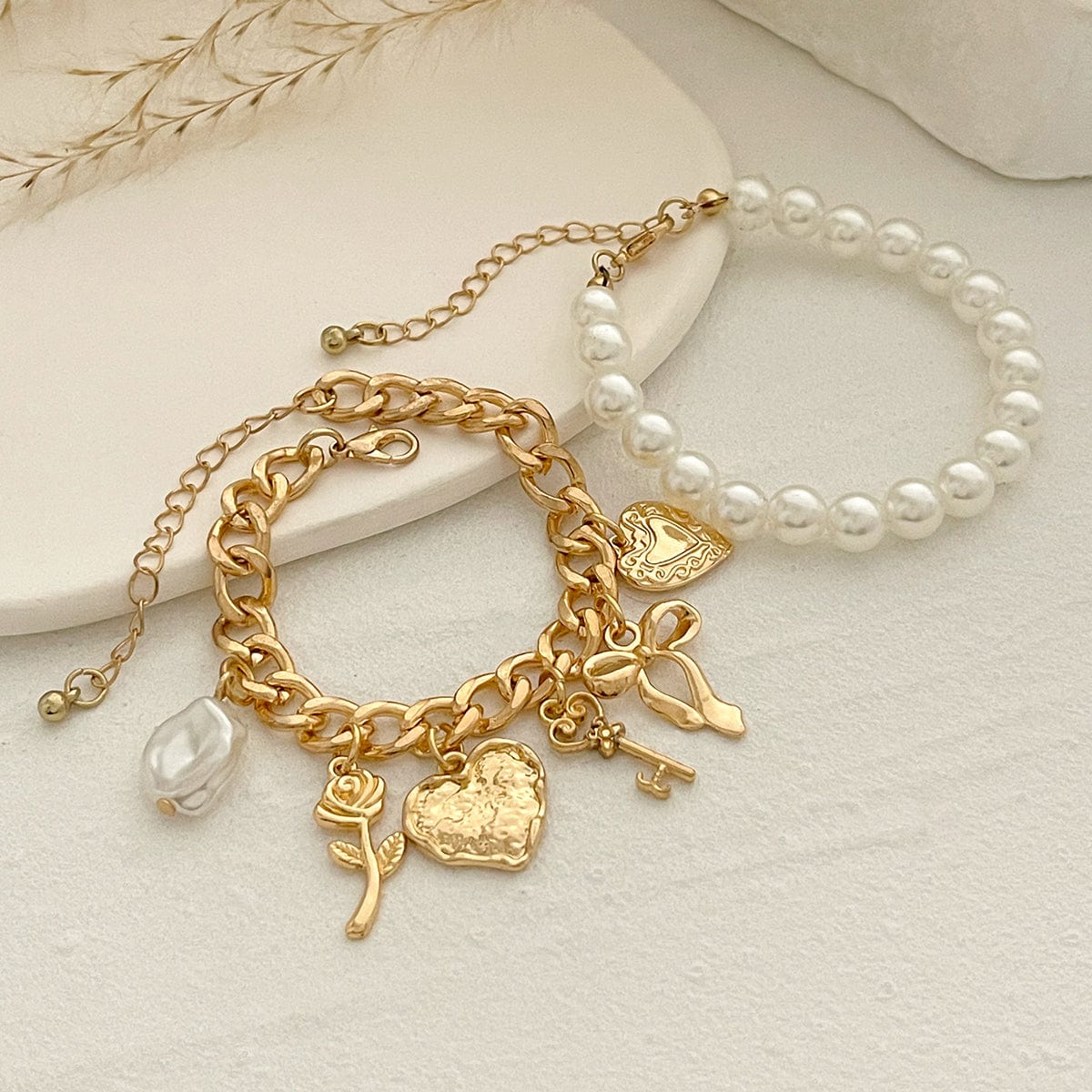 Chic Layered Heart Bow Rose Charm Pearl Chain Bracelet Set - ArtGalleryZen