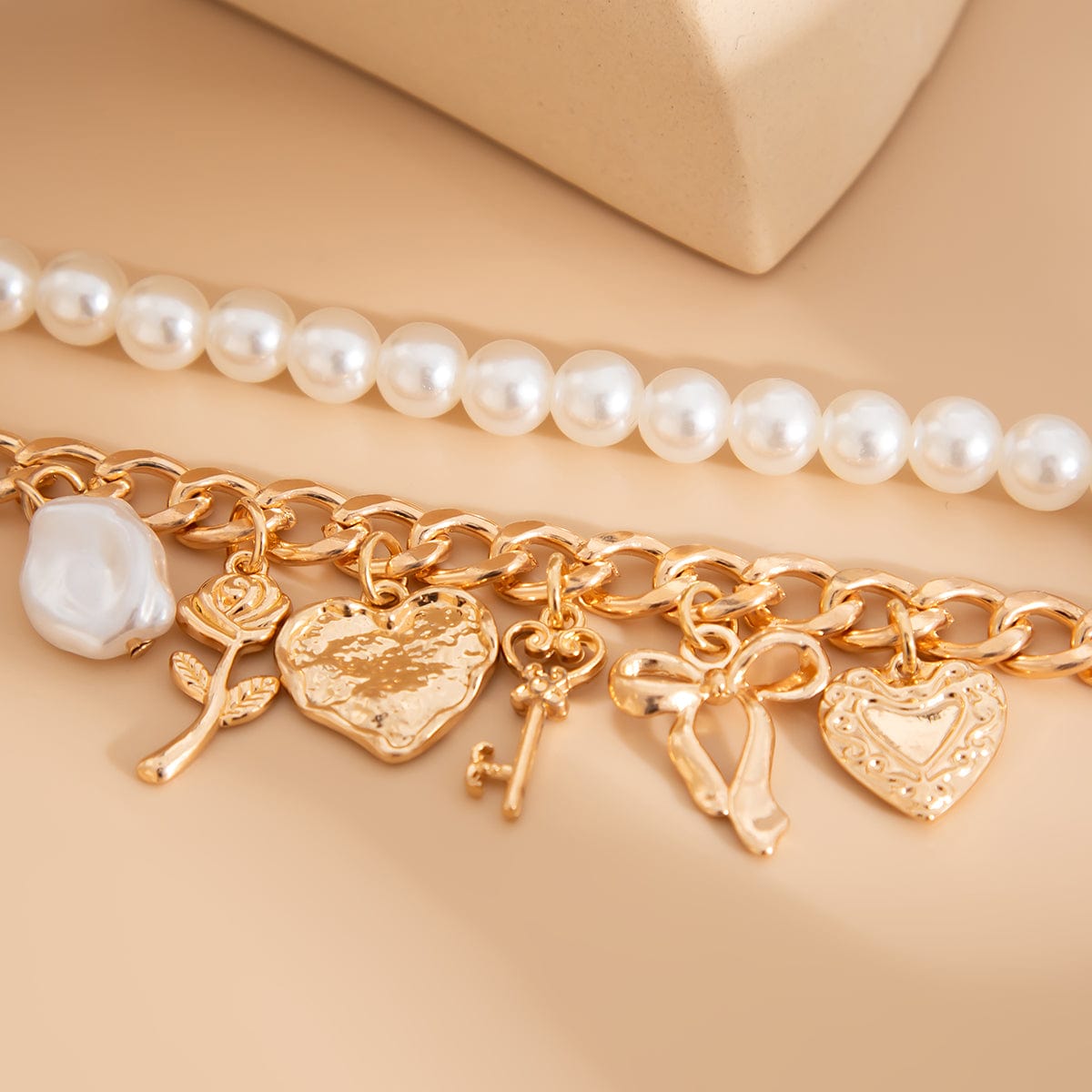 Chic Layered Heart Bow Rose Charm Pearl Chain Bracelet Set - ArtGalleryZen