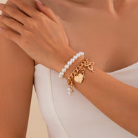 Thumbnail for Chic Layered Heart Bow Rose Charm Pearl Chain Bracelet Set - ArtGalleryZen