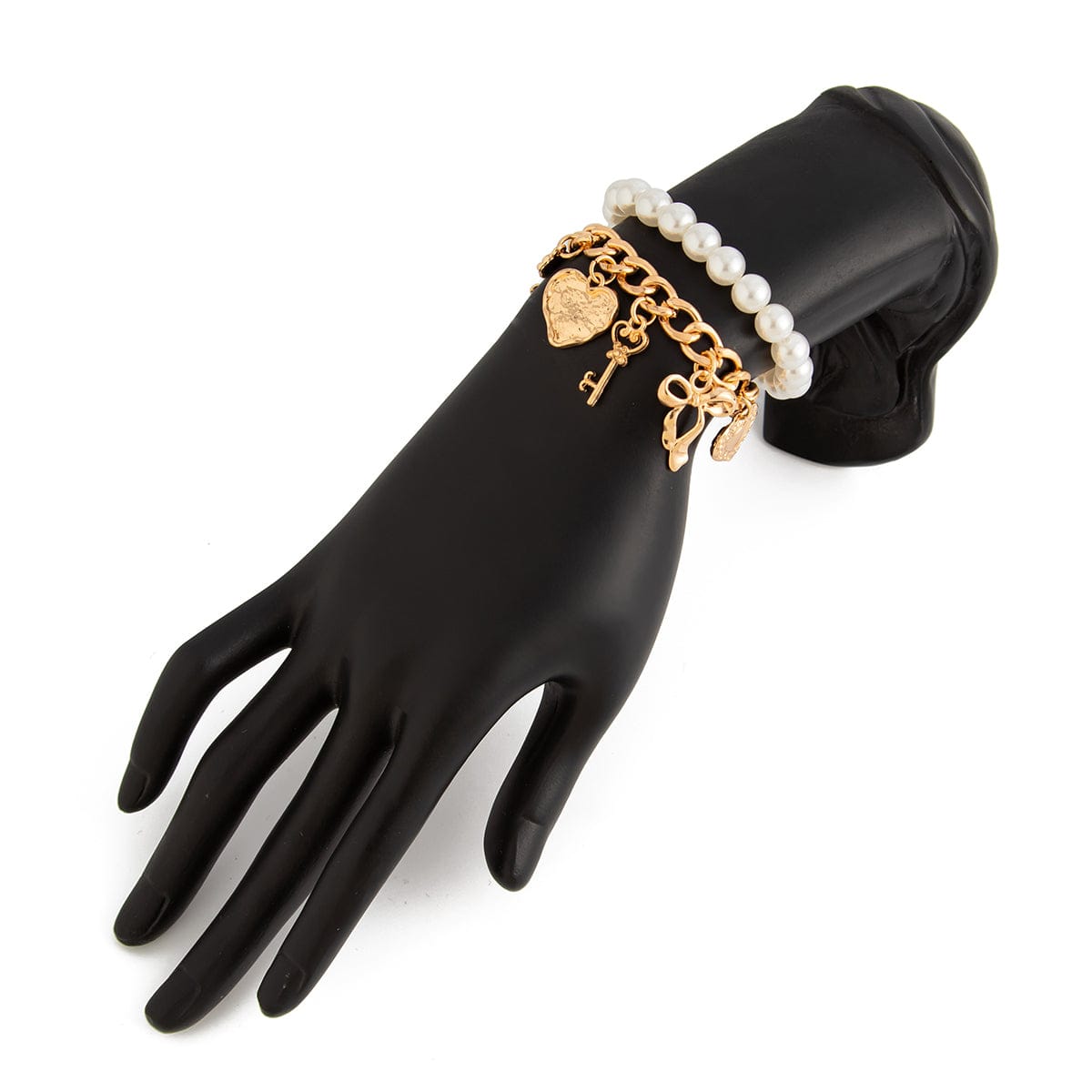Chic Layered Heart Bow Rose Charm Pearl Chain Bracelet Set - ArtGalleryZen