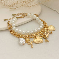 Thumbnail for Chic Layered Heart Bow Rose Charm Pearl Chain Bracelet Set - ArtGalleryZen