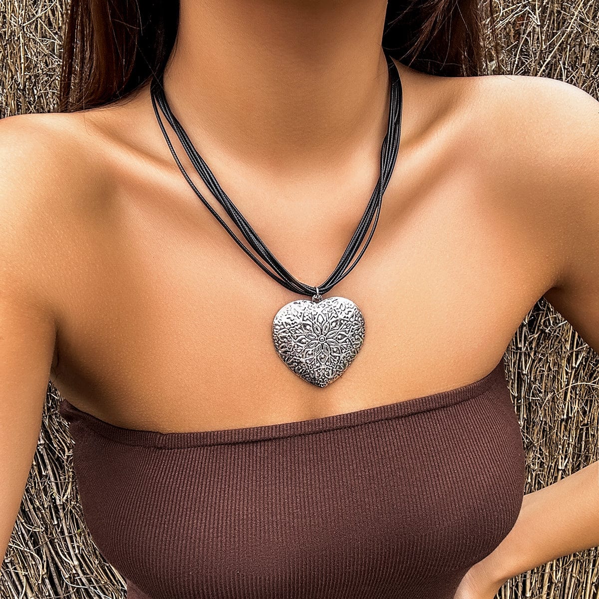 Chic Layered Heart Pendant Wax Cord String Necklace - ArtGalleryZen