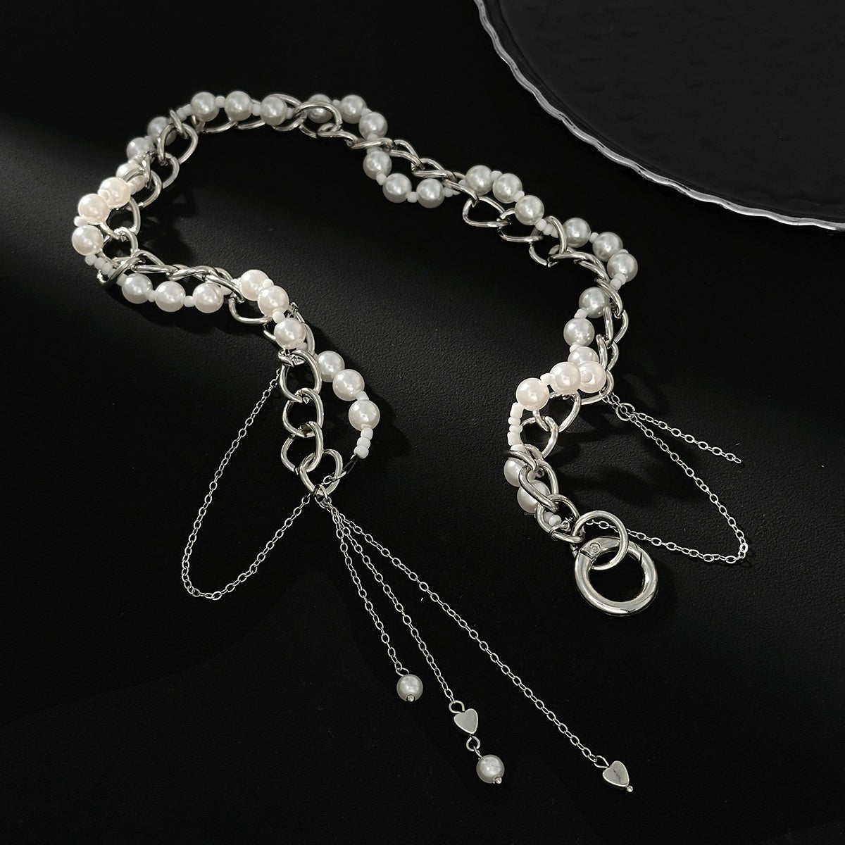 Chic Layered Heart Tassel Pearl Curb Chain Choker Necklace - ArtGalleryZen