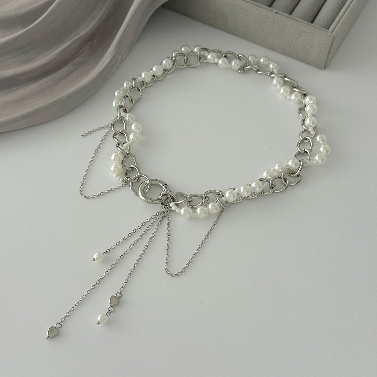 Chic Layered Heart Tassel Pearl Curb Chain Choker Necklace - ArtGalleryZen