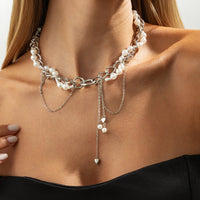 Thumbnail for Chic Layered Heart Tassel Pearl Curb Chain Choker Necklace - ArtGalleryZen