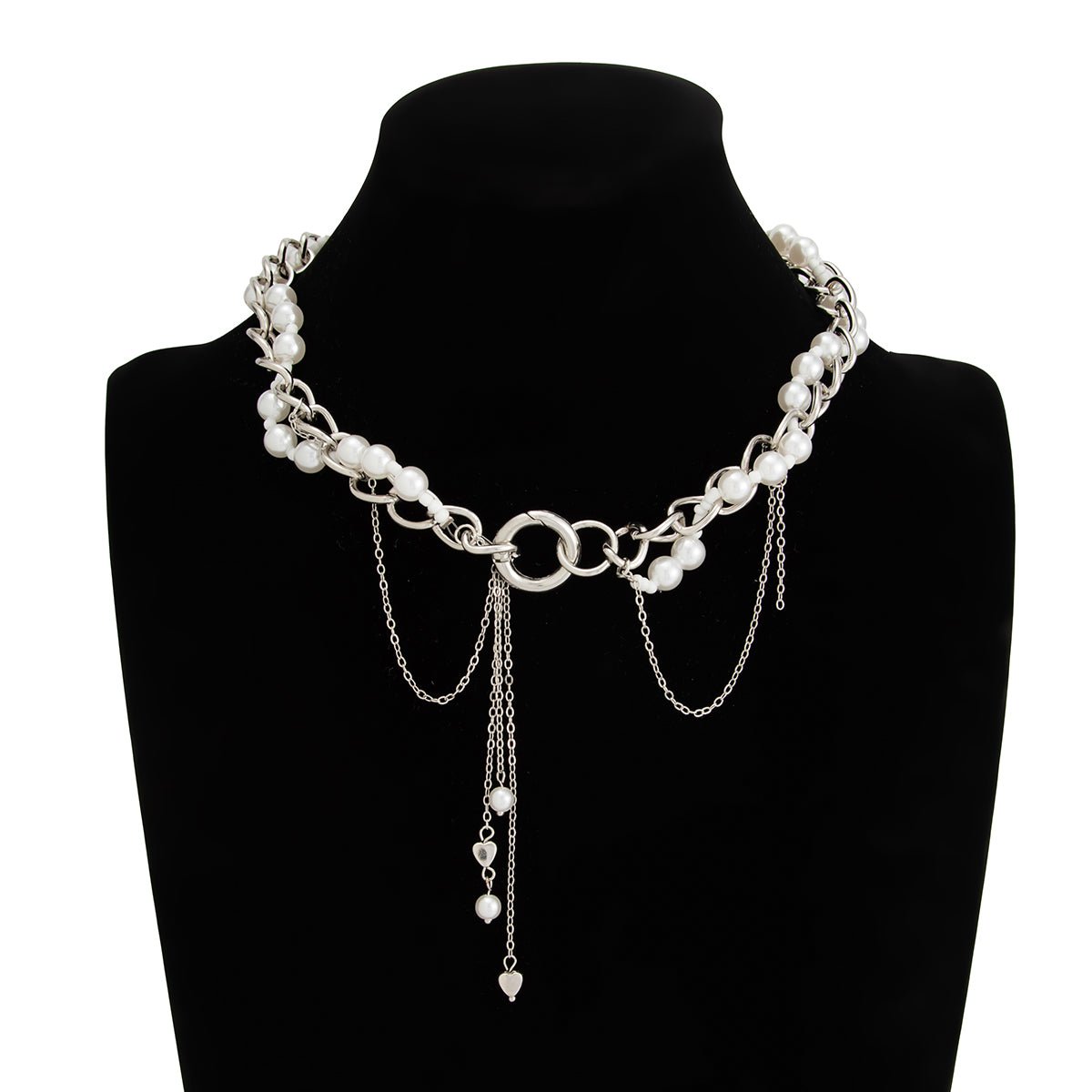 Chic Layered Heart Tassel Pearl Curb Chain Choker Necklace - ArtGalleryZen