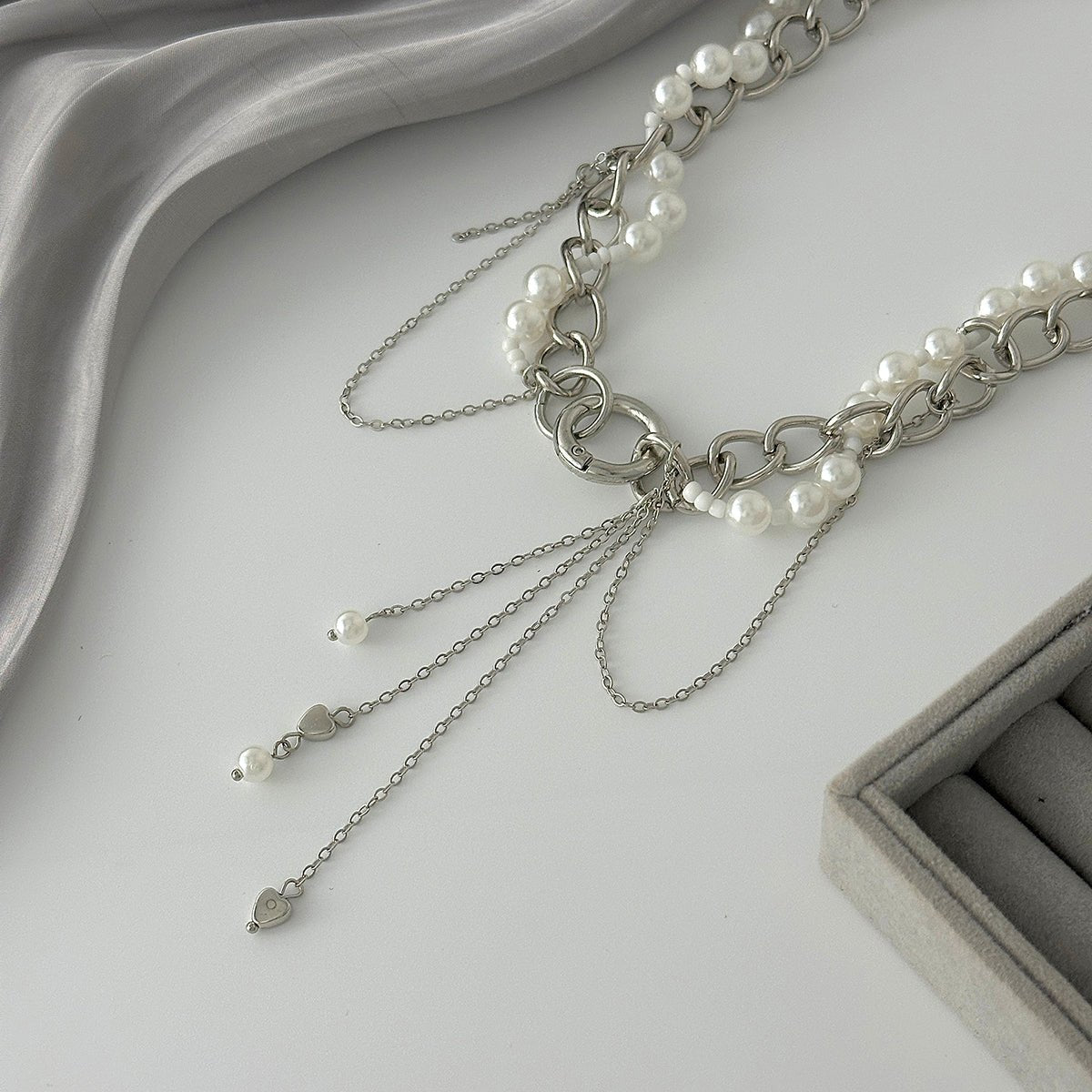 Chic Layered Heart Tassel Pearl Curb Chain Choker Necklace - ArtGalleryZen