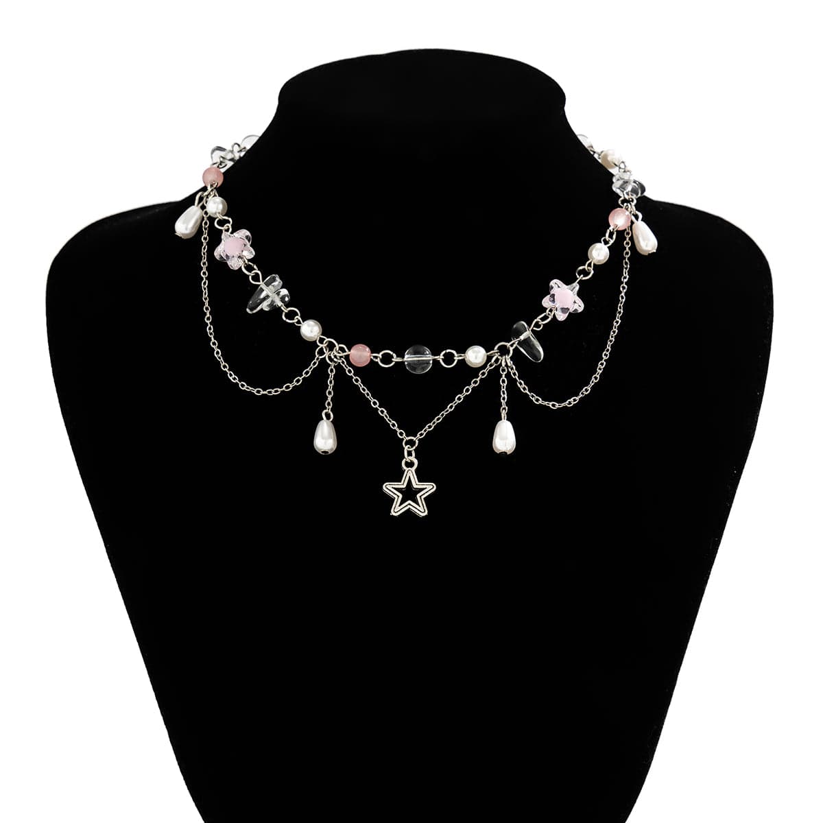 Chic Layered Hollow Star Pendant Pearl Crystal Chain Necklace - ArtGalleryZen
