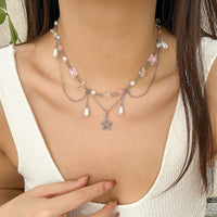 Thumbnail for Chic Layered Hollow Star Pendant Pearl Crystal Chain Necklace - ArtGalleryZen