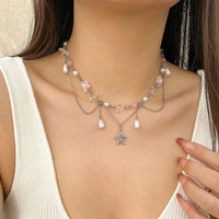 Thumbnail for Chic Layered Hollow Star Pendant Pearl Crystal Chain Necklace - ArtGalleryZen