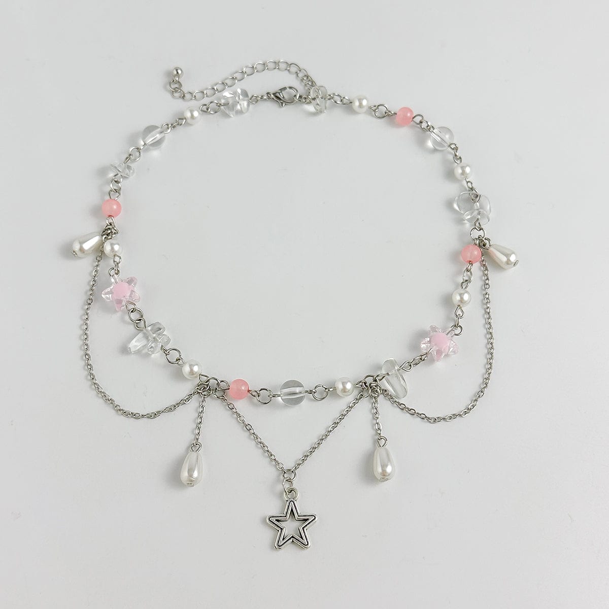 Chic Layered Hollow Star Pendant Pearl Crystal Chain Necklace - ArtGalleryZen