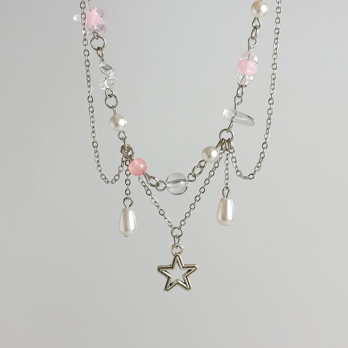 Chic Layered Hollow Star Pendant Pearl Crystal Chain Necklace - ArtGalleryZen