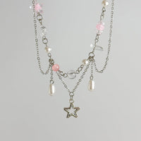 Thumbnail for Chic Layered Hollow Star Pendant Pearl Crystal Chain Necklace - ArtGalleryZen